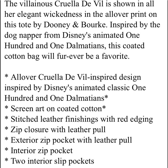 Nwt Dooney and Bourke Disney cruella de Vil zip 2021 tote - Picture 3 of 3